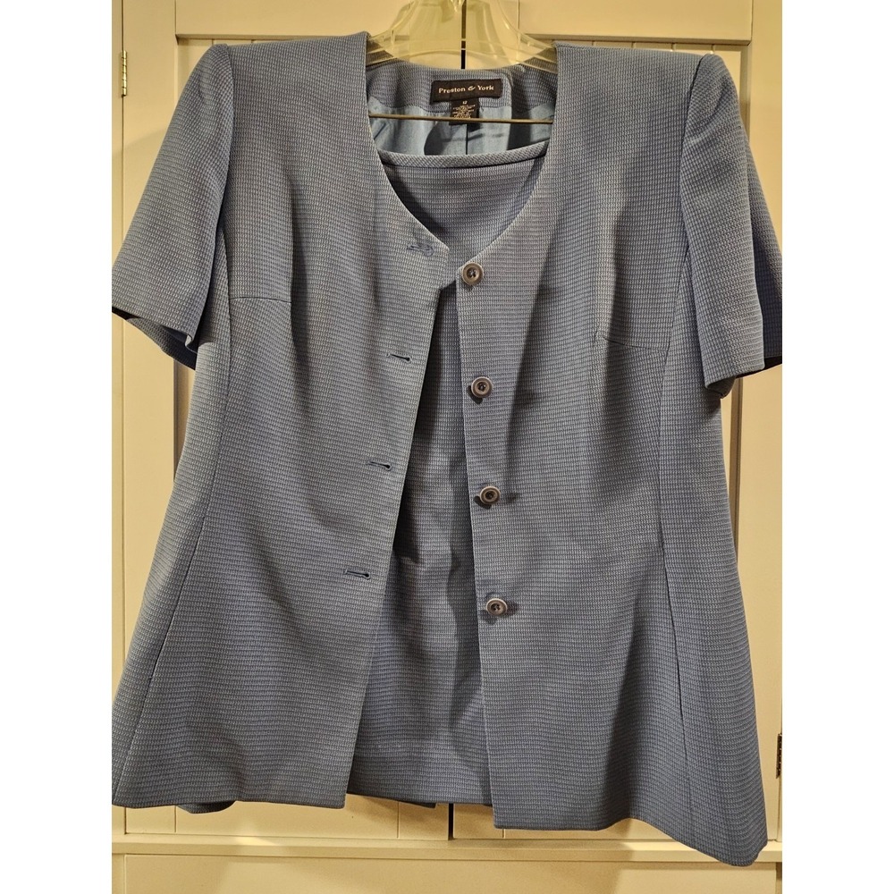 Preston & York Blue Textured Short Sleeve‎ Skirt Suit Set Size 12 Collarless